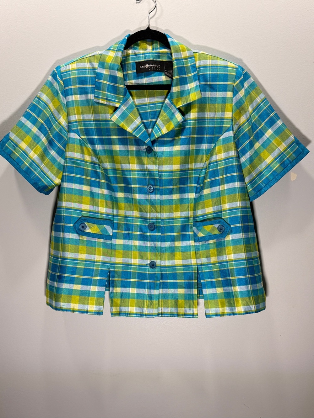 Sag Harbor Women’s Teal, Blue & Yellow Plaid Button-Front